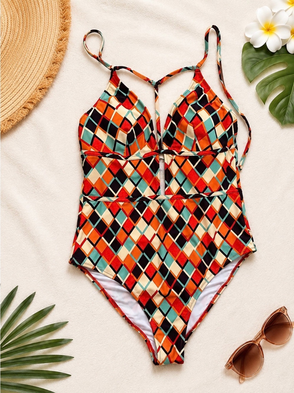 Cupshe Geometric Print One Piece Swimsuit Orange Teal Brown size L